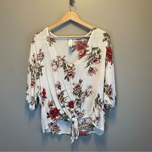 Floral Flowy Boho Short Sleeve Button Front Top with Tie Waist